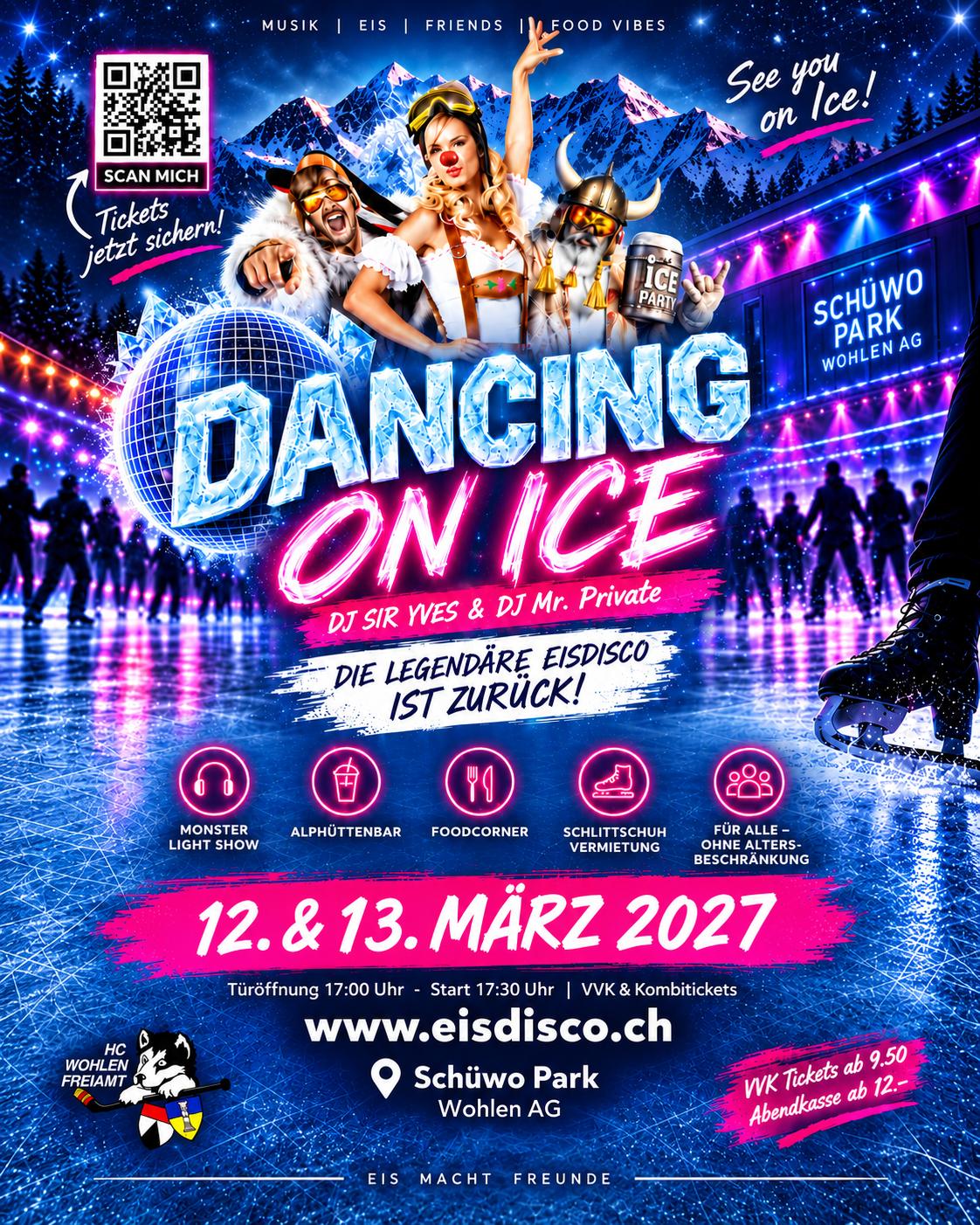 Plakat der Eisdisco DANCING ON ICE am 12. und 13. März 2027 im Schüwo Park Wohlen, Saisonclosing