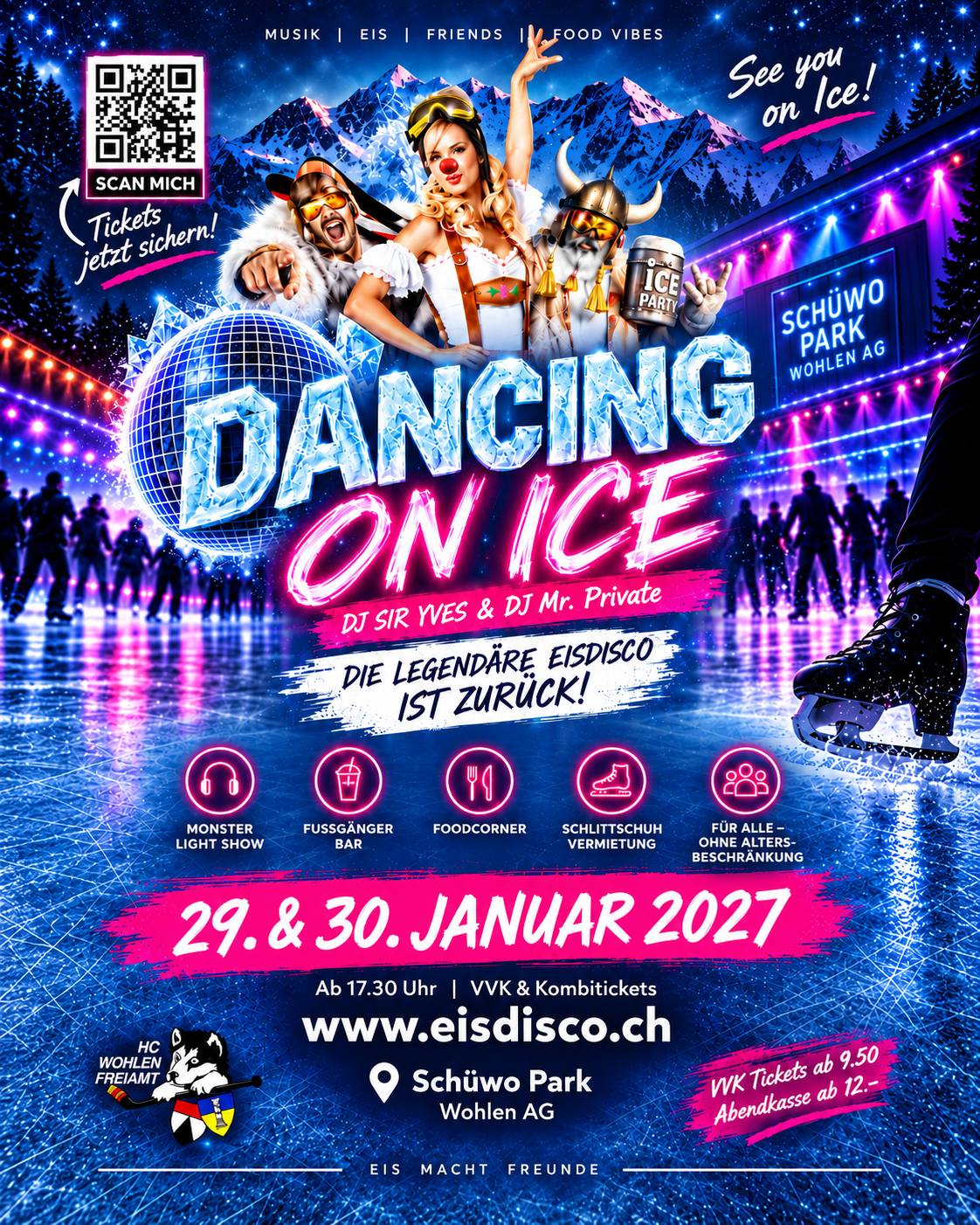 Plakat der Eisdisco DANCING ON ICE am 29. und 30. Januar 2027 im Schüwo Park Wohlen